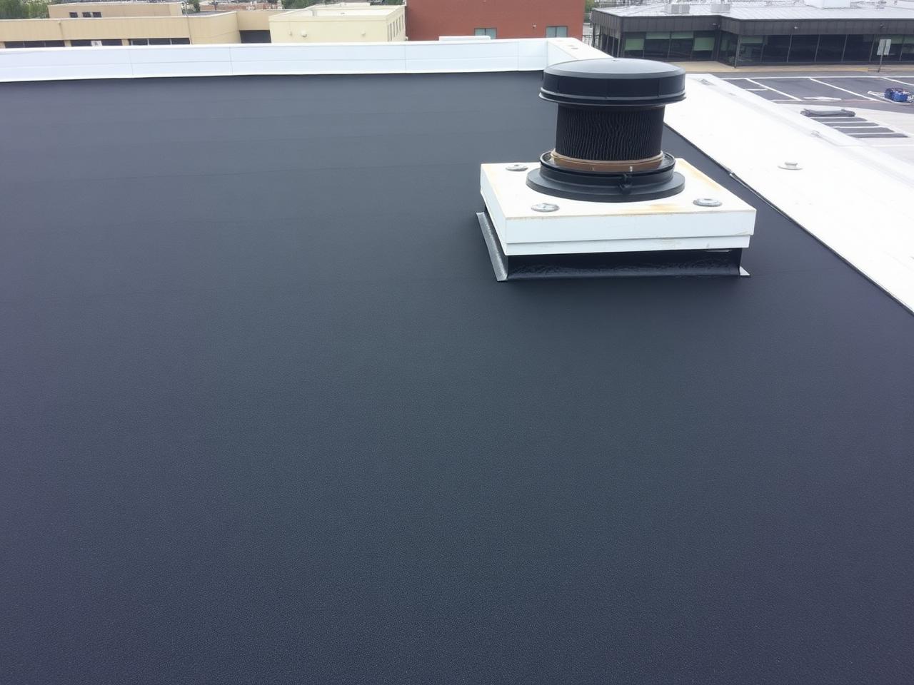 Low-slope commercial roof finished with a dark modified bitumen membrane